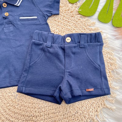 Conj. Camiseta Gola Polo Listrada e Bermuda em Moletinho - Marinho